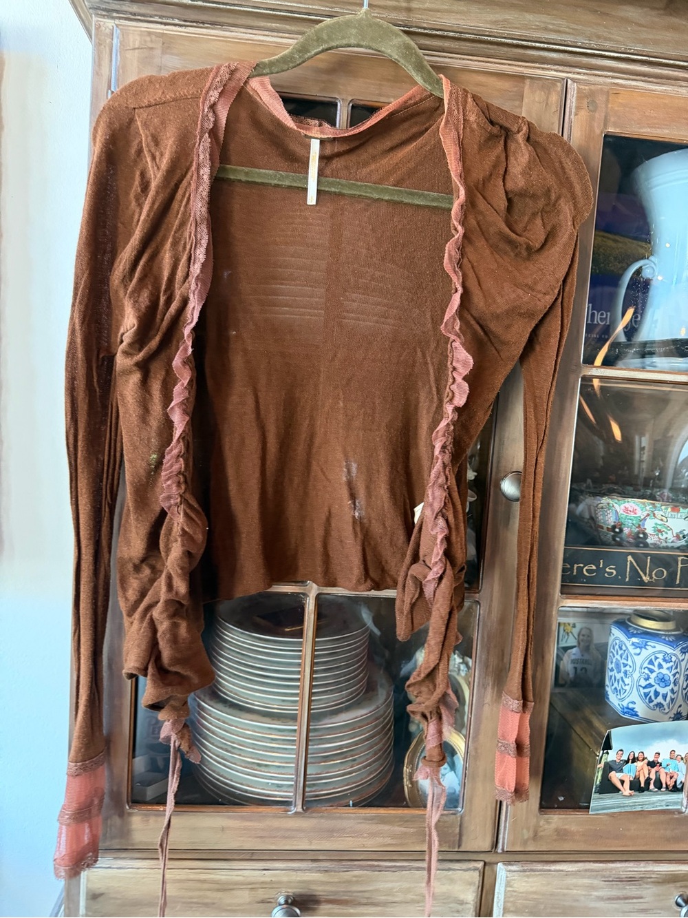 Free People Burnt Orange Ruffle-Trim Open Cardigan